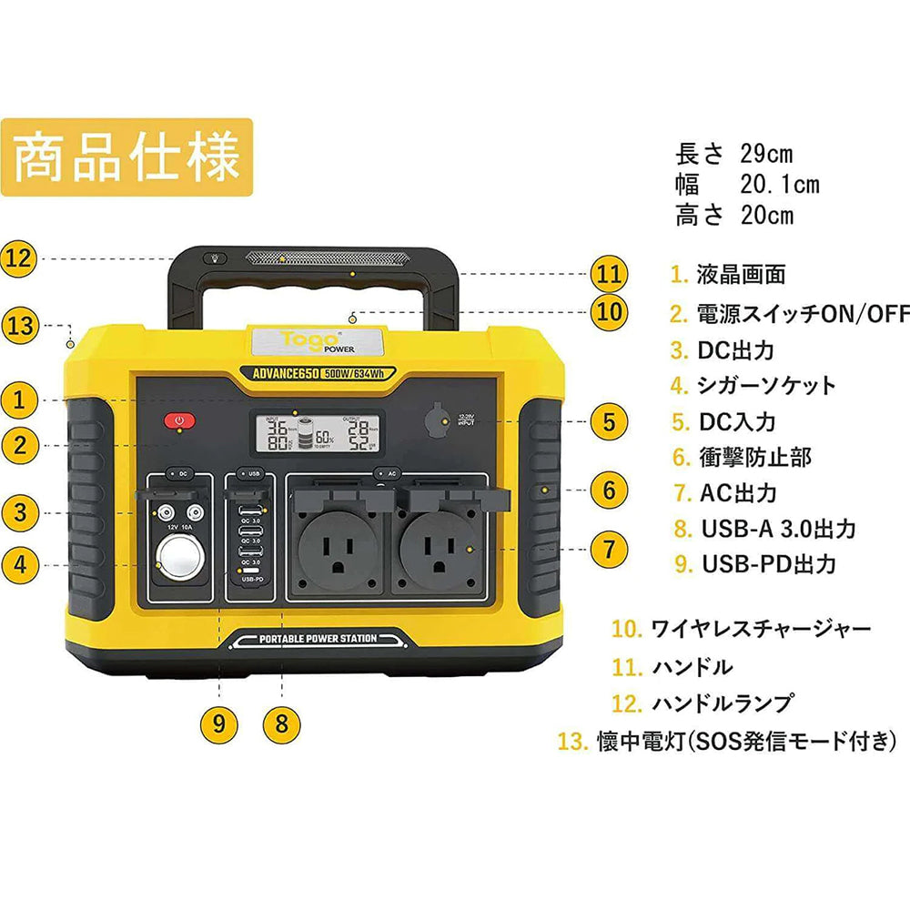 TogoPower ADVANCE 650 ポータブル電源 ポータブルバッテリー 防災安全協会推奨